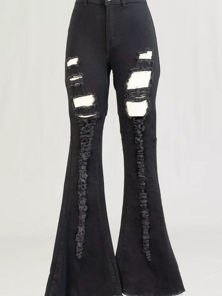 Size Small H&Y Fashion HY331 Stretch Denim Distressed Flare Pants product image (1)