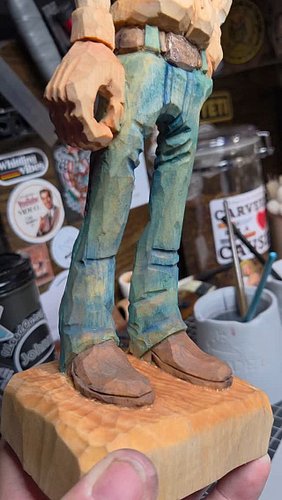 Working on painting these cowboy pants, one layer of frustration at a time. Got three shades of blue, a touch of white for hi...