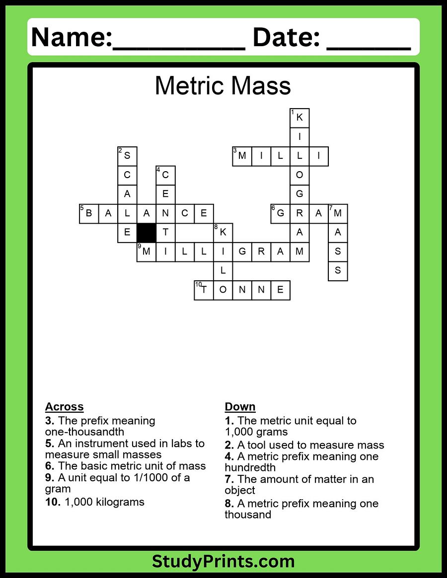 Metric Mass Crossword Puzzle Worksheet product image (2)