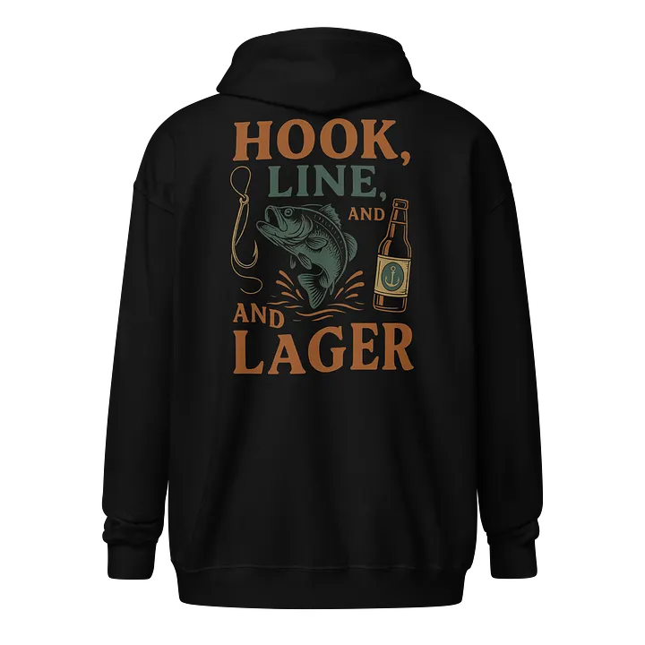 Hook, Line, & Lager Zip Hoodie – Funny Angler Hoodie with Beer & Bass Design product image (1)