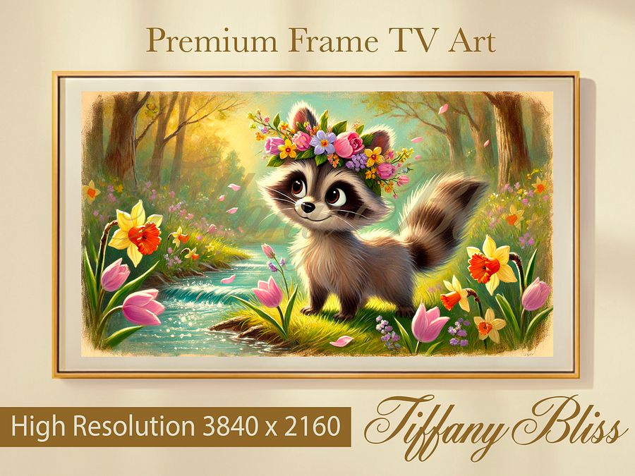 Spring Frame TV Art, Raccoon Floral Wreath Painting, Cute Easter Decor Digital Download product image (1)