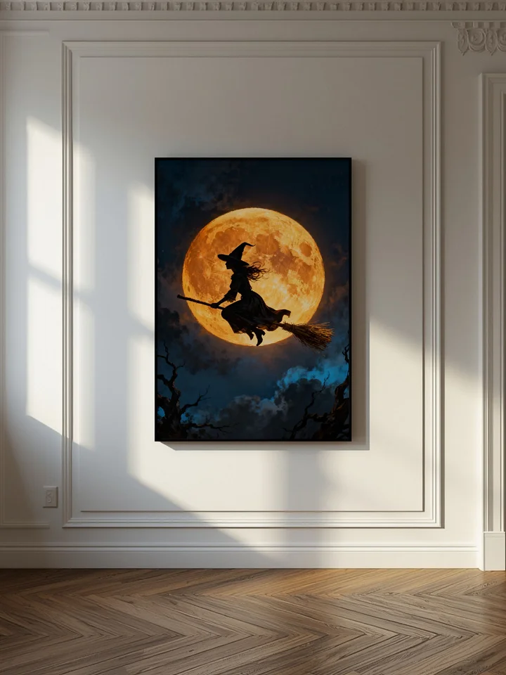Witch Flying by Full Moon Wall Art Print – Halloween Digital Download, Dark Academia Decor, Vintage Witch Poster, Unframed Fantasy Art, Multiple Sizes, Printable PDF Included product image (1)