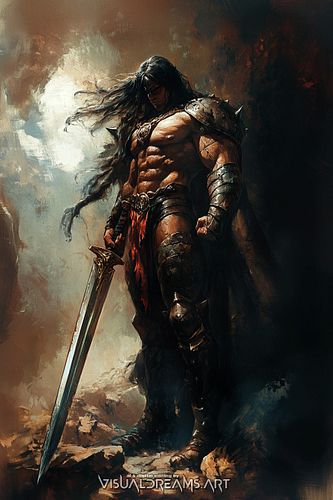 The warrior stood atop the crumbled remnants of an ancient battlefield, his sword gleaming faintly in the dim sunlight that p...