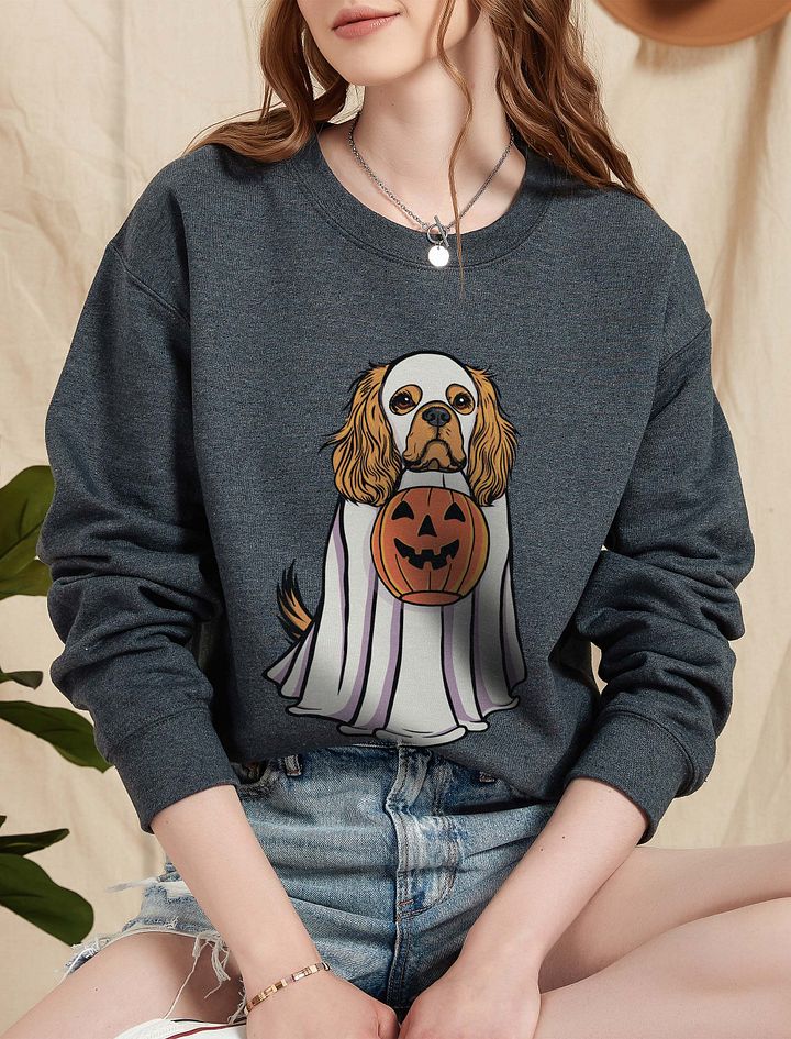 Funny Halloween Cavalier King Charles Spaniel(Tan) Sweatshirt | Funny Cavalier Wearing a Ghost Costume and Holding a Pumpkin Basket product image (5)