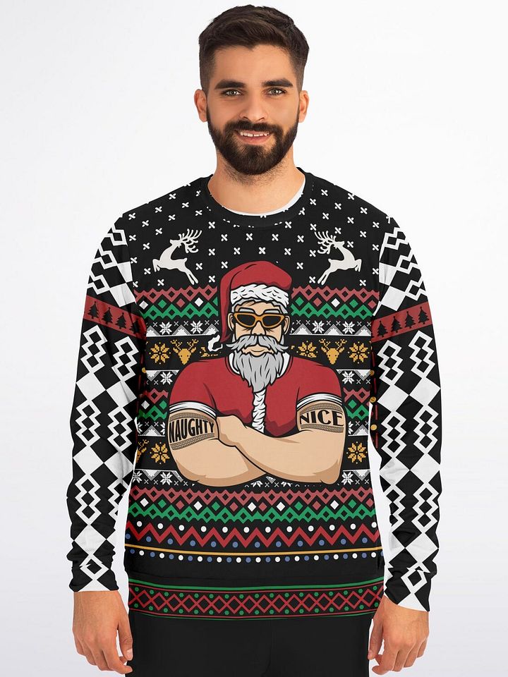 Naughty & Nice Tattooed Santa Ugly Christmas Sweater - Cool Santa with Sunglasses Fair Isle Knit Holiday Jumper product image (1)