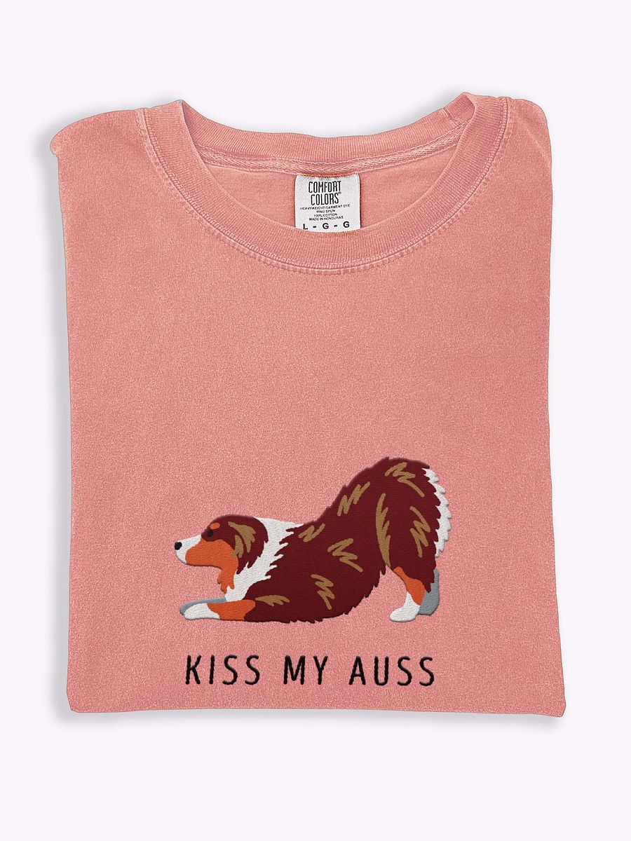 Kiss My Auss(2) T-Shirt(Embroidered) of an Australian Shepherd(Red Tricolor) product image (1)