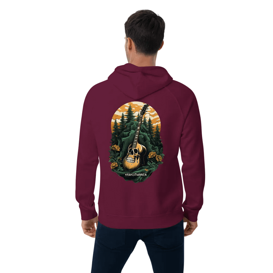 Unisex Eco Raglan Hoodie 🌲 Dark green spruce forest with a skull-shaped guitar product image (2)