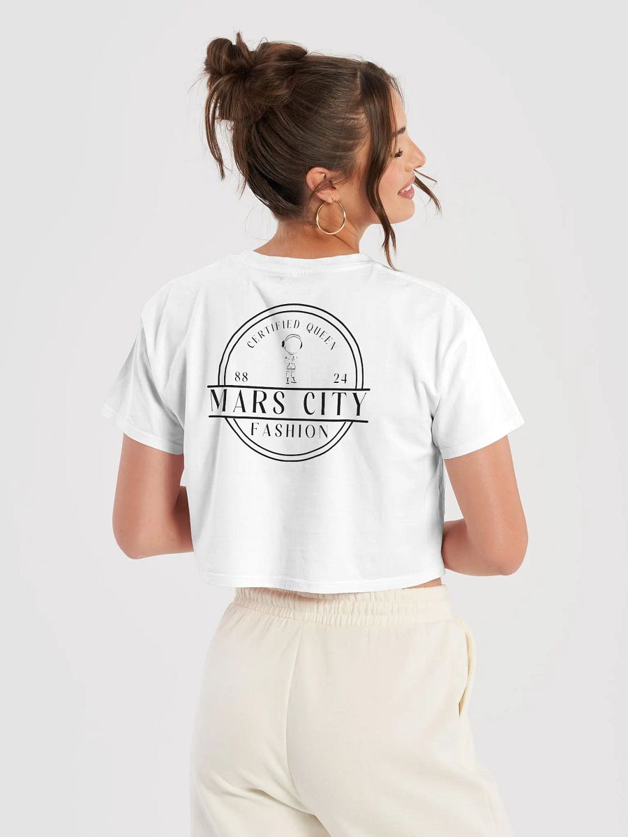 Ladies white cropped tee shirt with Gold Astronaut black circle front product image (7)