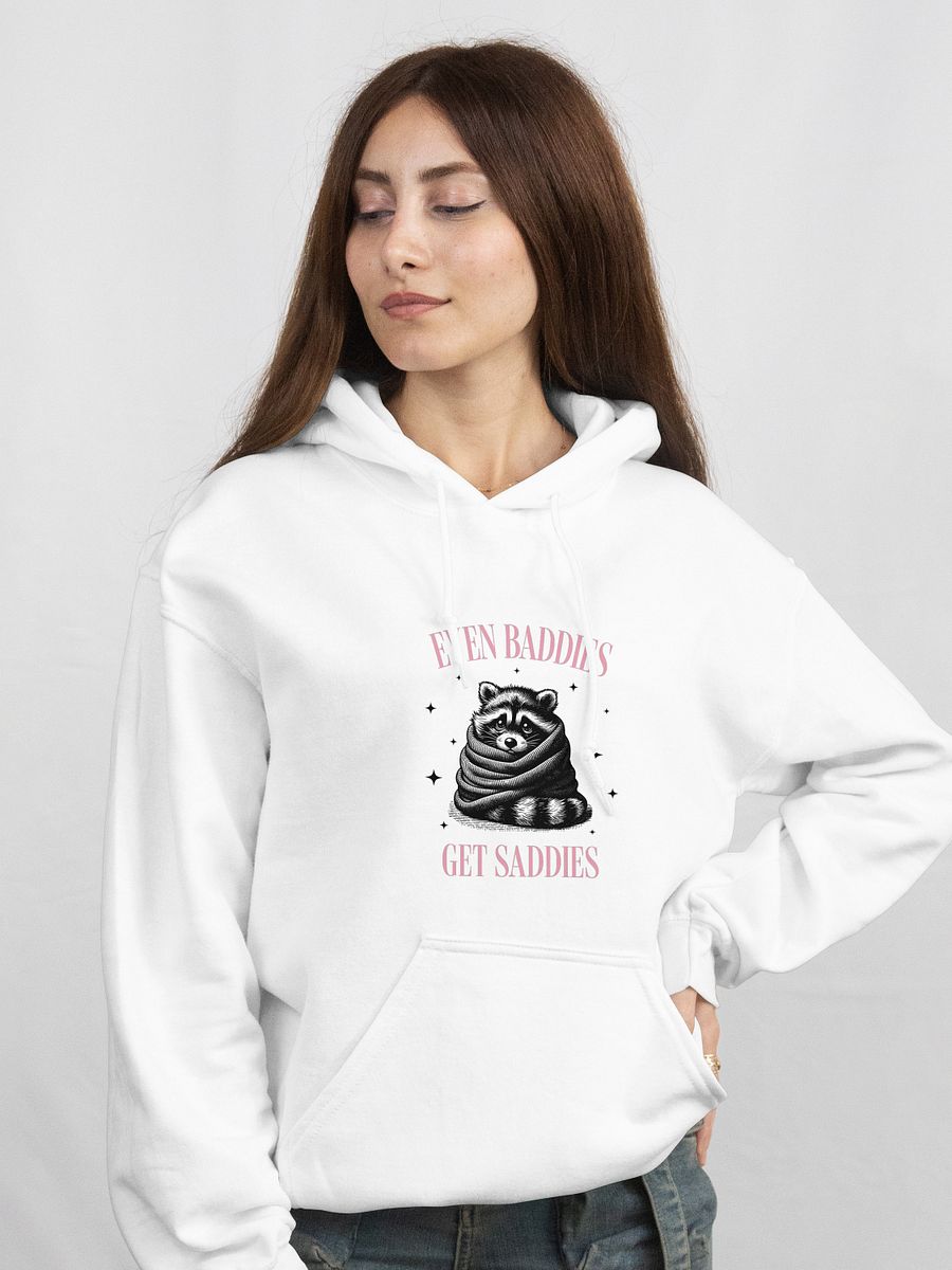 Funny Raccoon Meme Hoodie - „Even Baddies Get Saddies”, Mental Health Hoodie, Anxiety Hoodie product image (1)