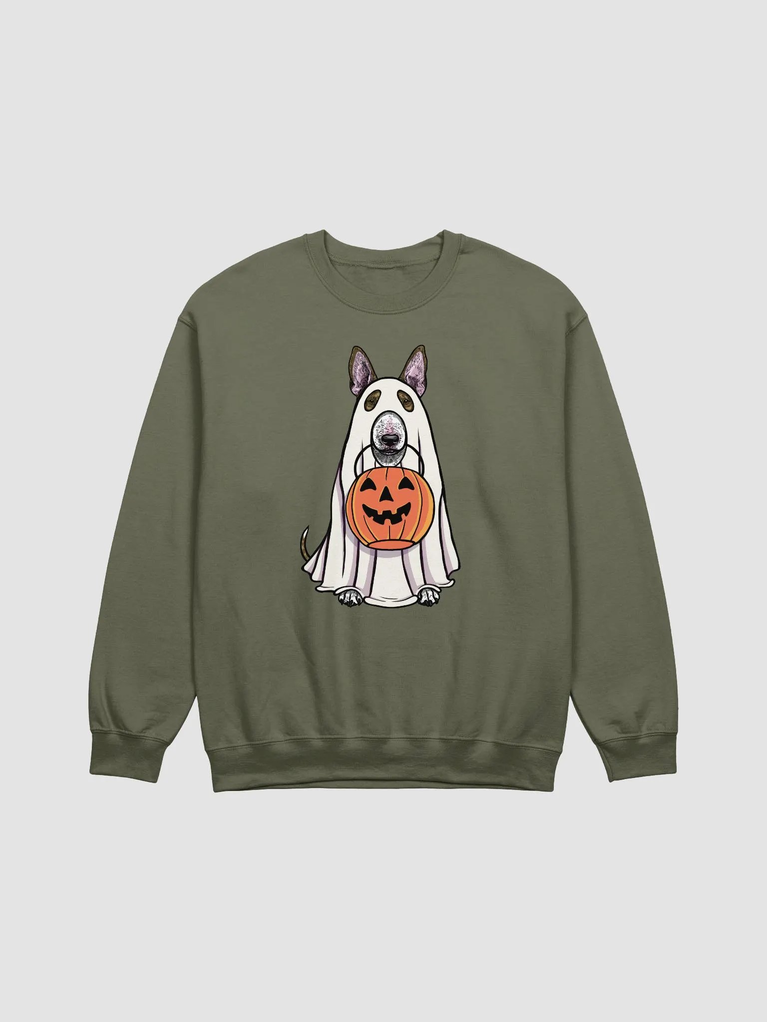 Funny Halloween Bull Terrier(Brindle) Sweatshirt | Funny Dog Wearing a Ghost Costume and Holding a Pumpkin Basket product image (1)