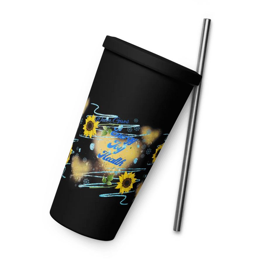 Insulated Tumbler with straw with beautiful swirly  water drop splash and drops design, featuring ‘This water gives Harmony in Body and Mind