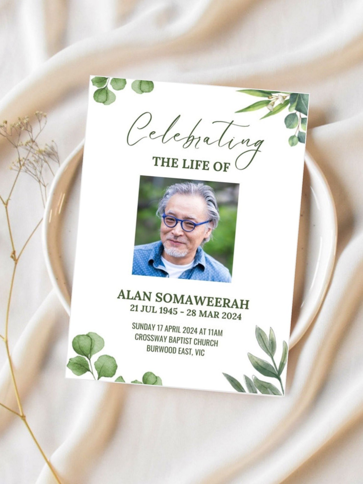Green Leaves Funeral Program Canva Template product image (2)