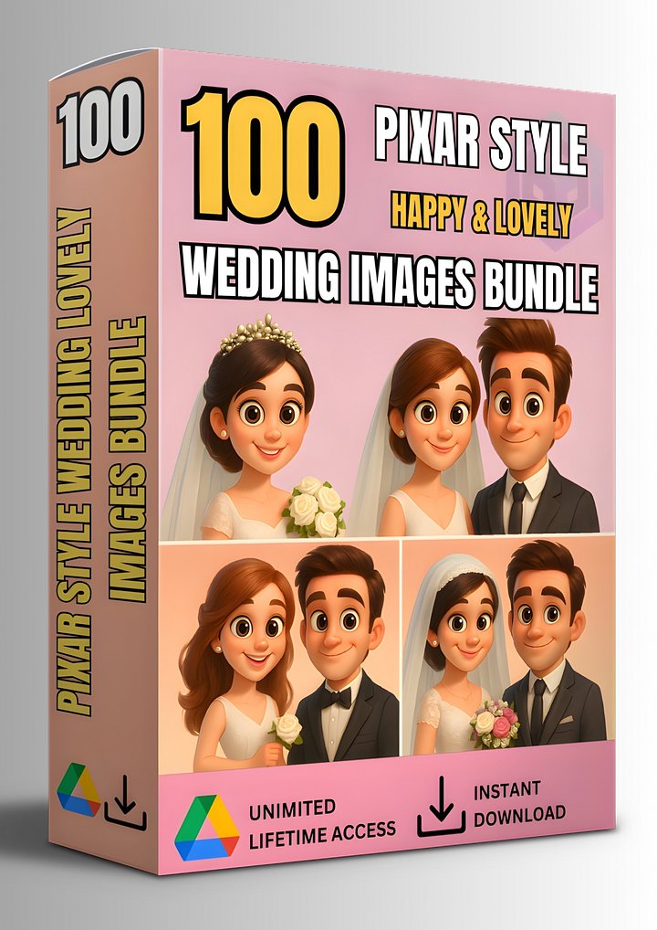 100 PIXAR STYLE HAPPY & LOVELY WEDDING IMAGES BUNDLE product image (1)