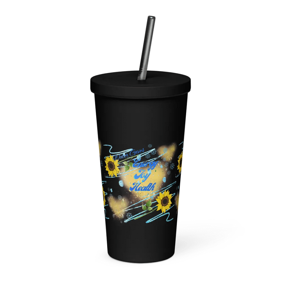 Insulated Tumbler with straw with beautiful swirly  water drop splash and drops design, featuring ‘This water gives Harmony in Body and Mind
