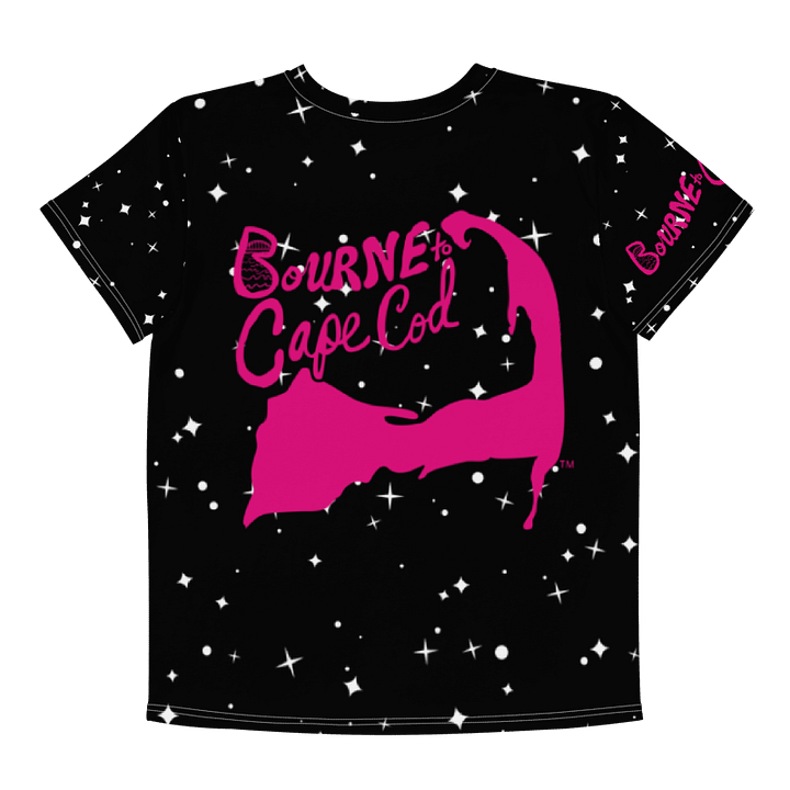 🦩YOUTH | Girls’ | BOURNE to Cape Cod™ | Logo Tee – All-Over Print | BRN.2C.C.™ | Coastal Cutie Vibes💖 | Pink Logo on Starry Black product image (2)