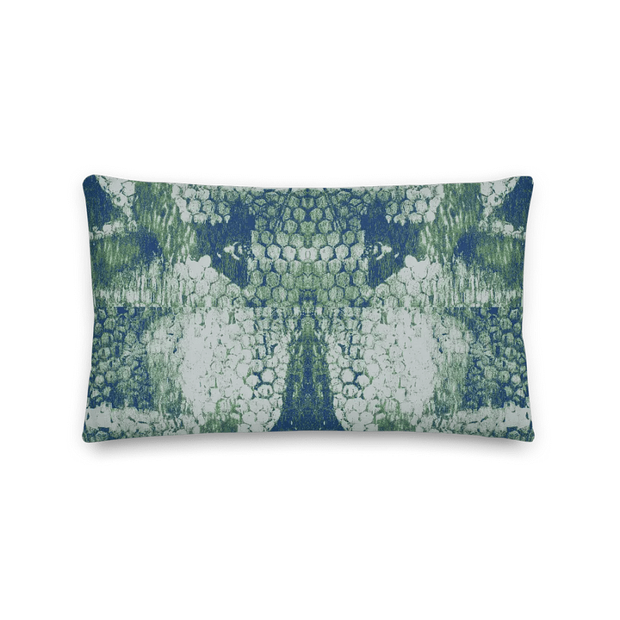 Honeycomb Grunge Throw Pillow in Mossy Green and Deep Blue on Bright Sand product image (2)