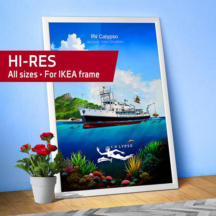 RV Calypso, Jacques Yves Cousteau — tropical travel poster product image (1)