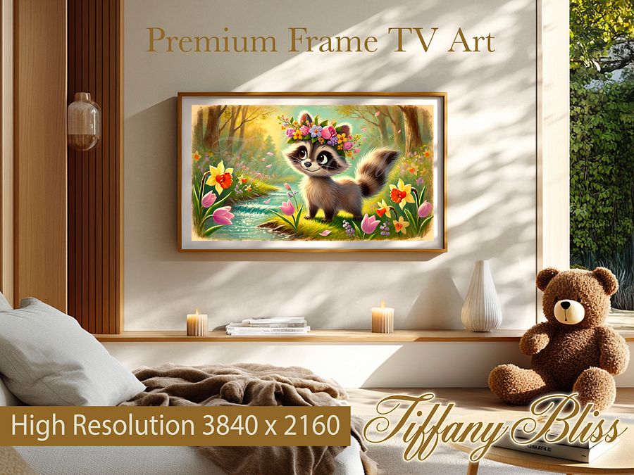 Spring Frame TV Art, Raccoon Floral Wreath Painting, Cute Easter Decor Digital Download product image (4)