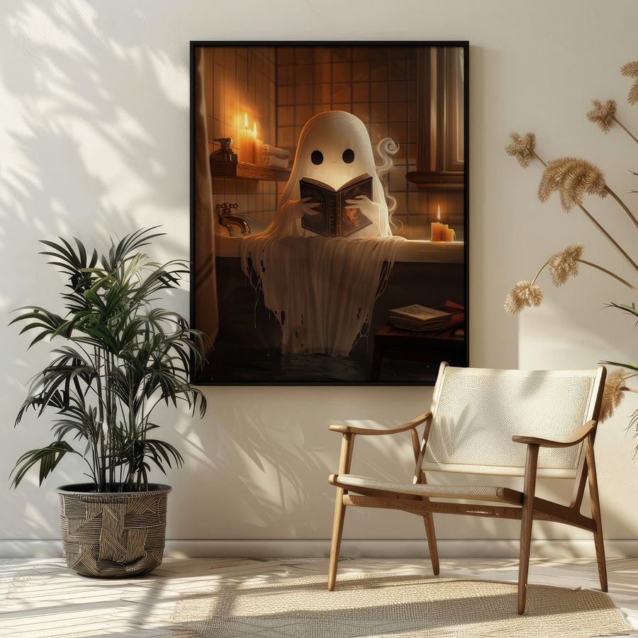 Cute Ghost Reading a Book in The Bathroom Halloween Art Print product image (25)
