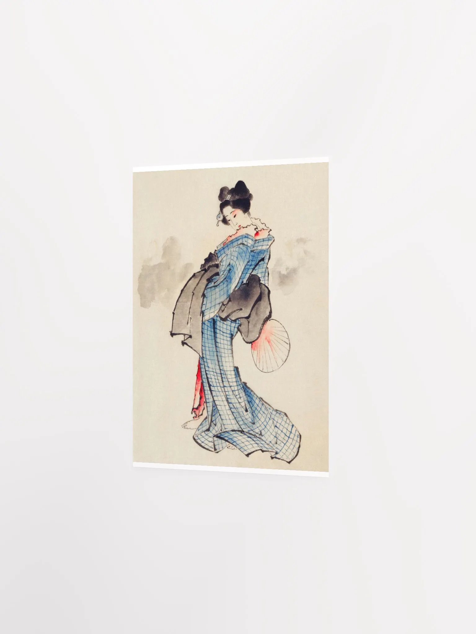 Woman, Full-Length Portrait, Standing, Facing Left, Holding Fan in Right Hand, Wearing Kimono with Check Design by Katsushika Hokusai product image (2)