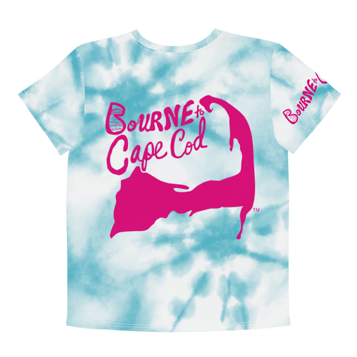 🦩YOUTH | Girls’ | BOURNE to Cape Cod™ | Logo Tee – All-Over Print | BRN.2C.C.™ | Coastal Cutie Vibes💖 | Pink Logo on Blue Tie-Dye product image (2)