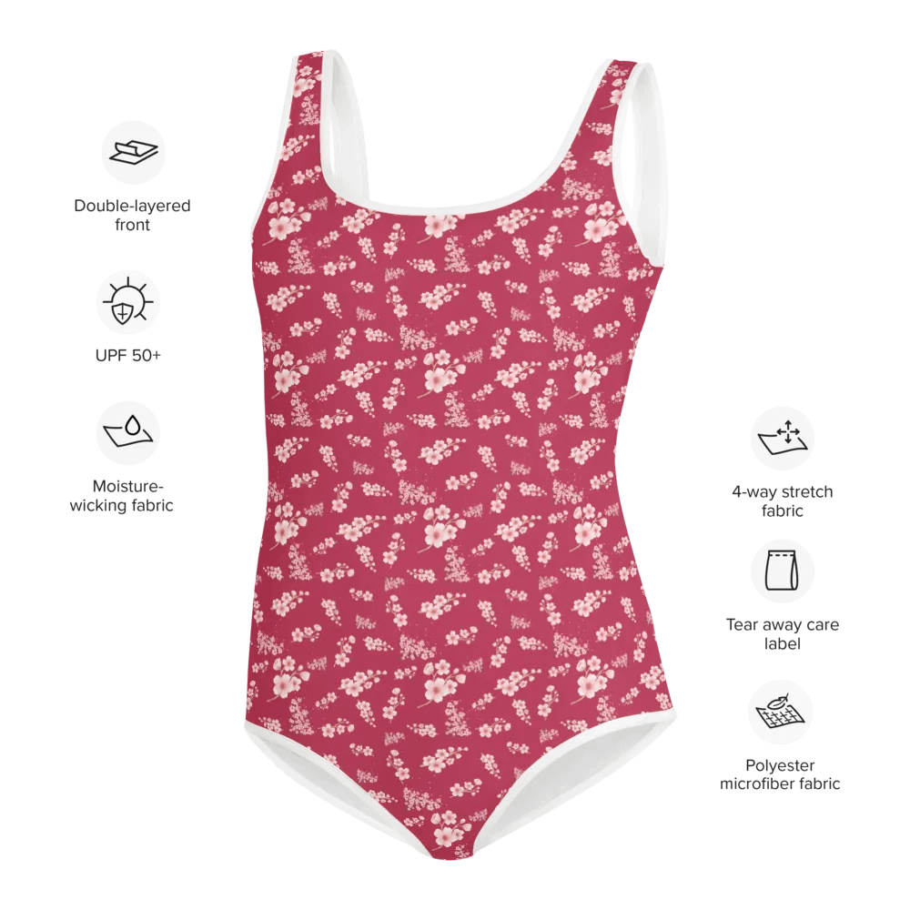 Cherry Blossoms on Magenta Youth One-Piece Swimsuit product image (7)