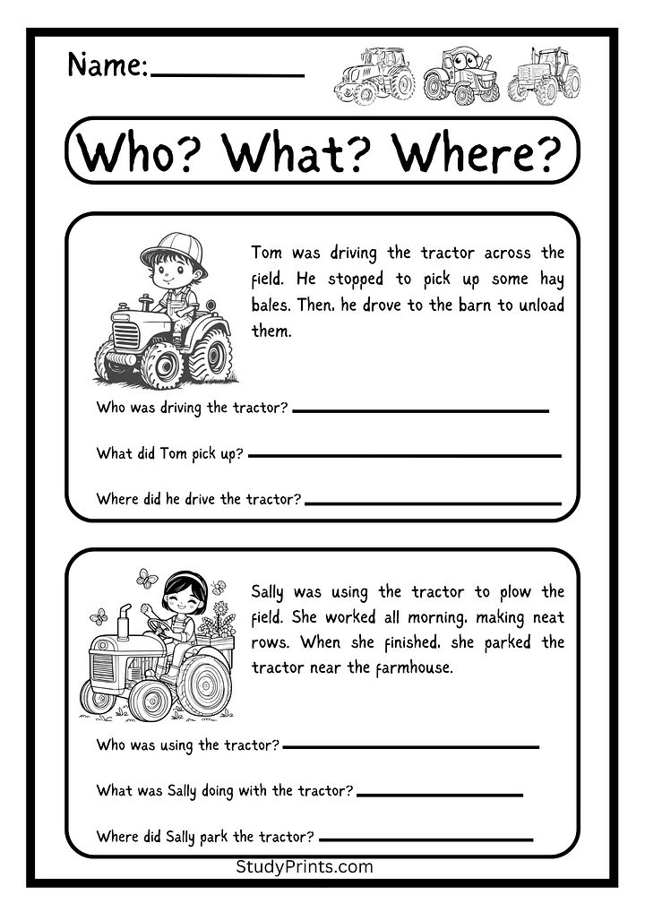 Who? What? Where? Tractor-Themed Worksheet product image (1)