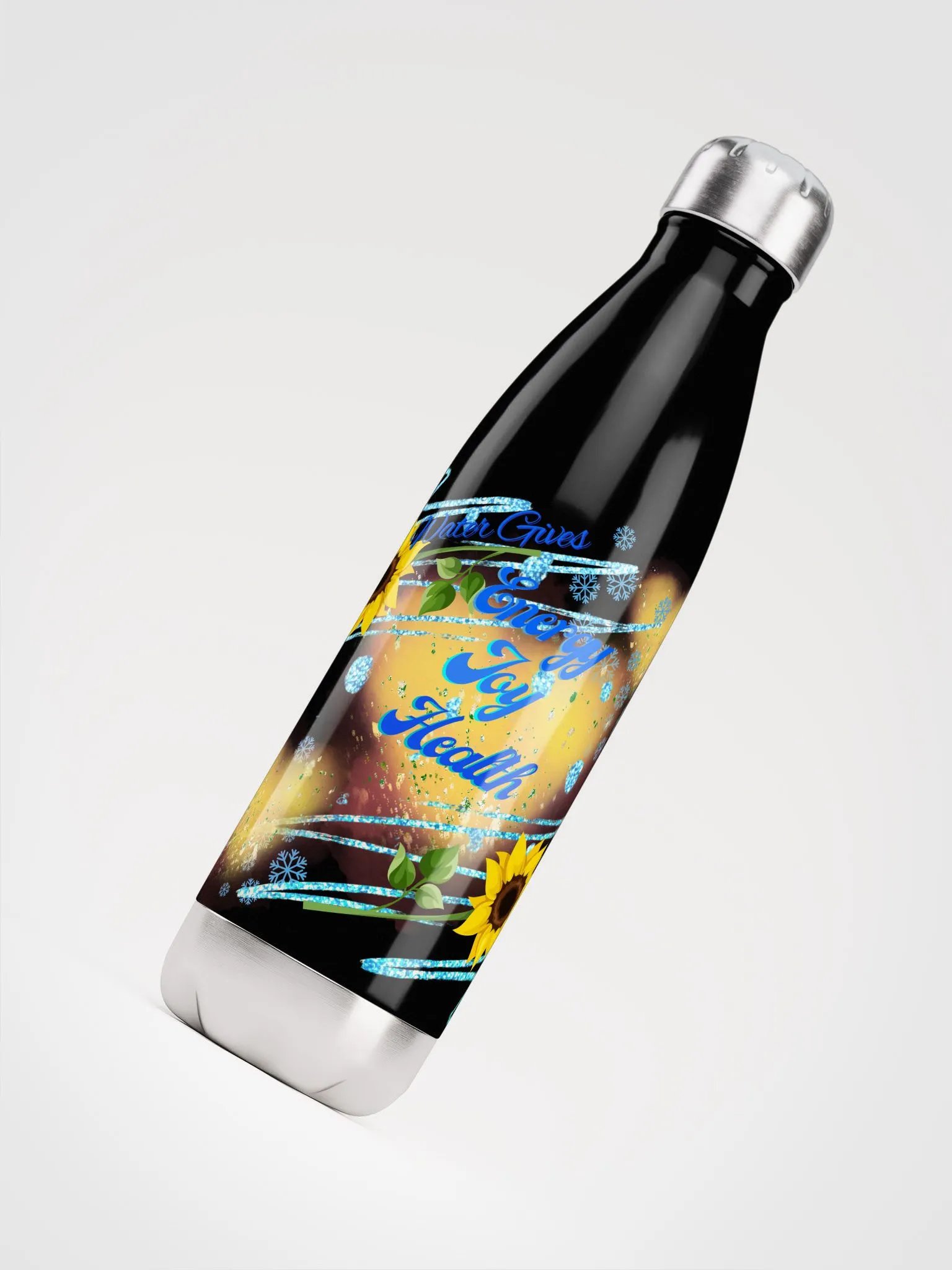 Stainless steal water bottle with beautiful sunflowerr blue water drops featuring ' This water gives Harmony in Body and Mind