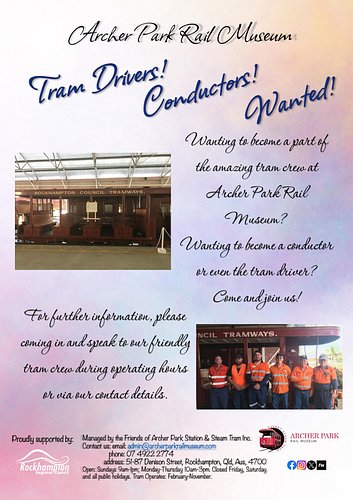 Wanting to become a part of the tram crew at Archer Park Rail Museum? We are after Conductors and Tram Drivers to come a part...