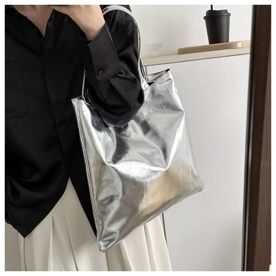 Solid Color Shiny Casual Handbags PU Shoulder Bag 2023 Glossy Tote Bags product image (5)