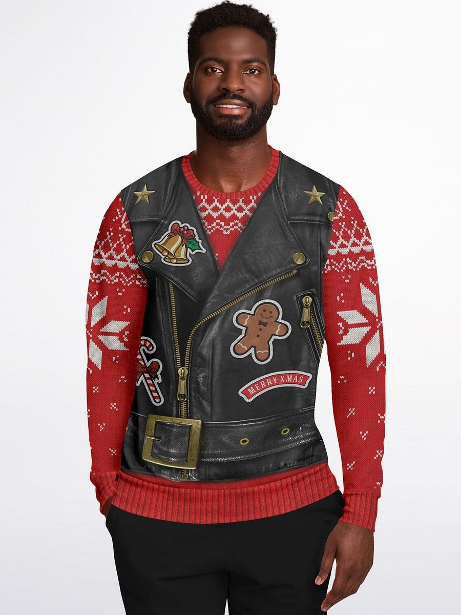 Biker Santa Christmas Sweater - Rebellious Holiday Leather Vest Design Ugly Christmas Sweater product image (3)