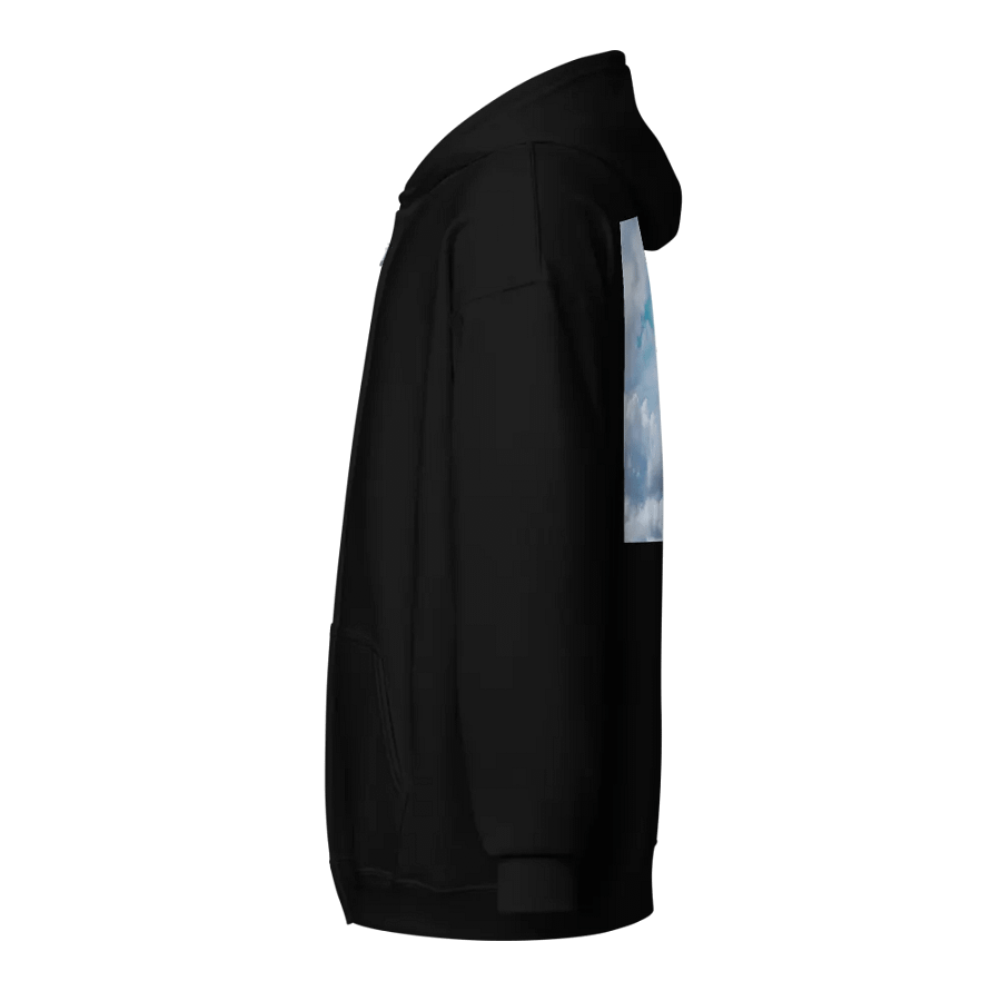 A cross surrounded by a heavenly scene, with rays of light shining through soft clouds in a bright blue sky Hoodie product image (3)