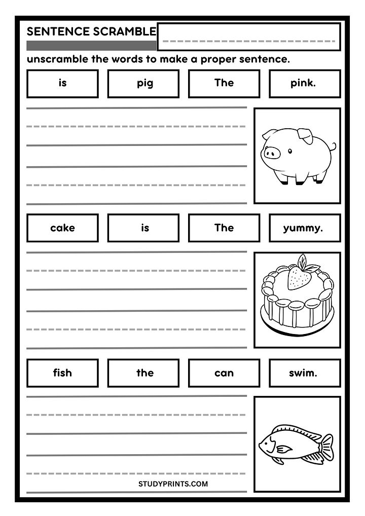 sentence scramble WORKSHEETS for KINDERGARTEN printable product image (1)