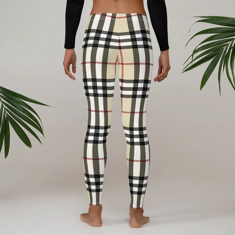 Classic Beige Plaid Leggings: Timeless Tartan Print Women's Fashion Pants product image (4)