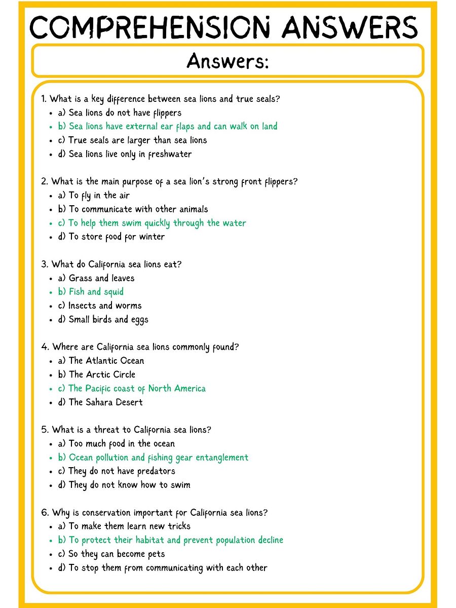 CALIFORNIA SEA LION READING COMPREHENSION PDF product image (4)