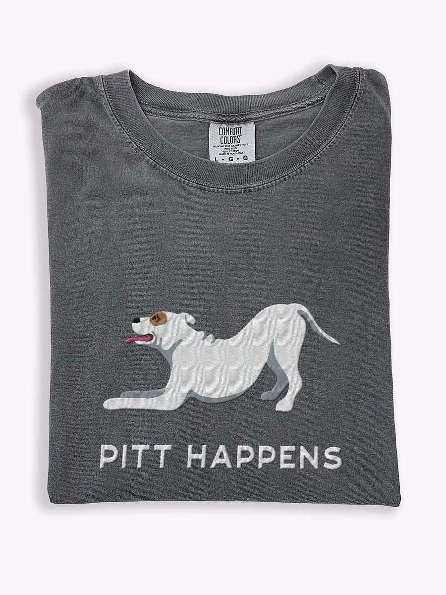 Pitt Happens T-Shirt(Embroidered) of a Pitbull Terrier(White) product image (1)