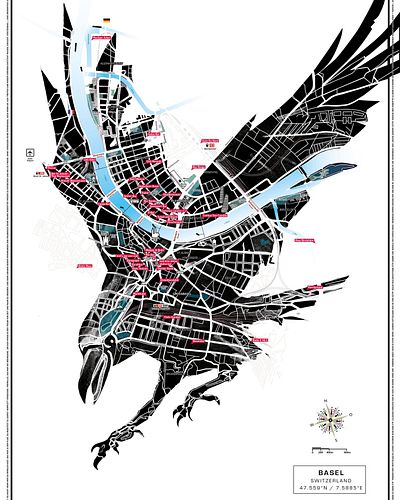 Die neue BaselCitymap Winter Edition 2025 zeigt Basel als Krähe, Symbol für verborgenes Wissen, Intelligenz und Vermittlerin ...