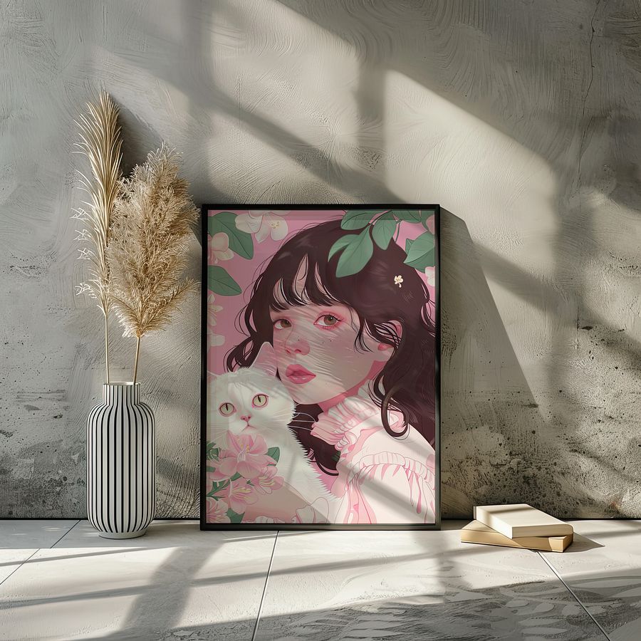 Girl with White Cat Portrait Coquette Art Print product image (26)