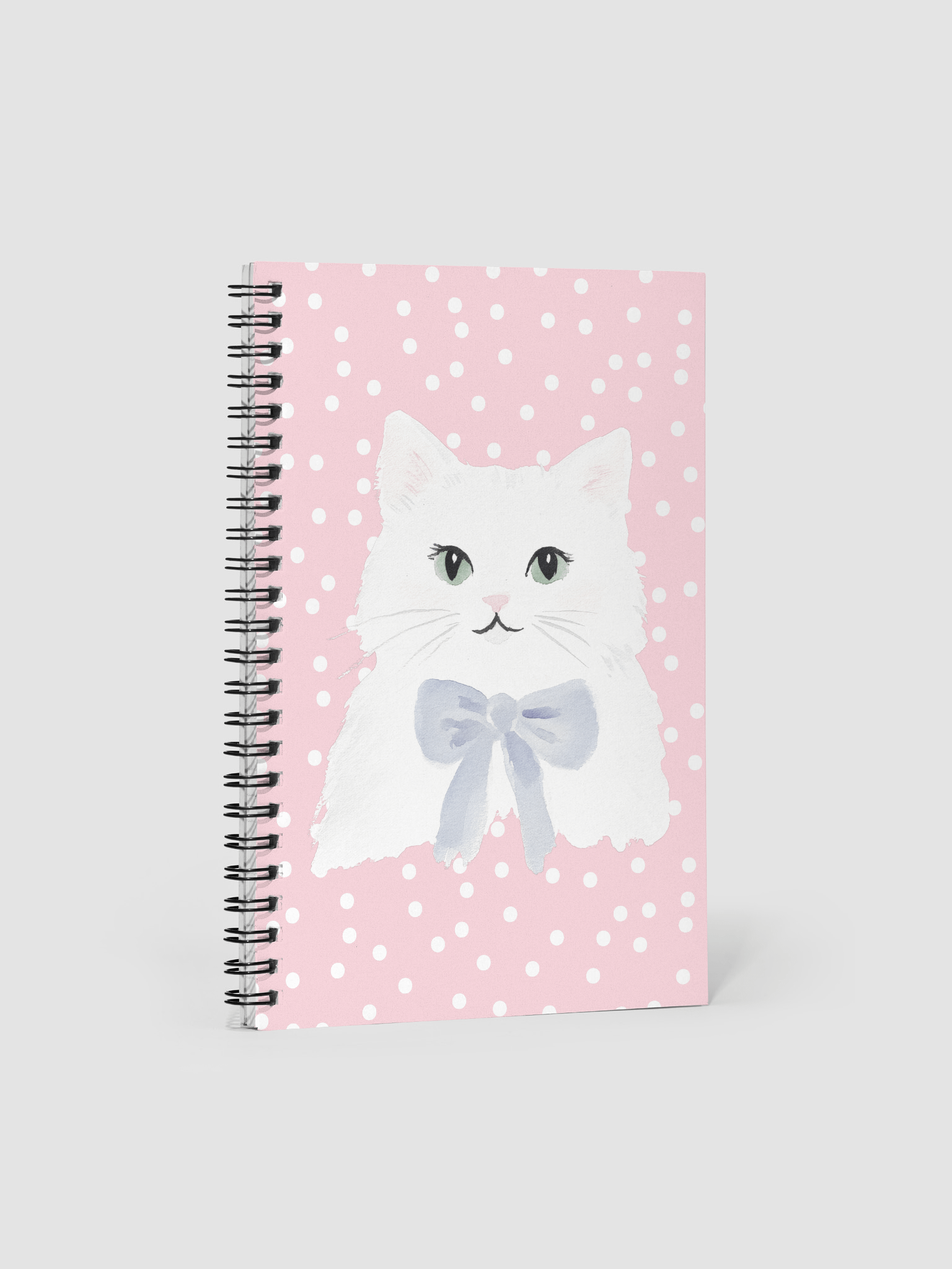 Fluffy White Cat with Bow Spiral Notebook – Cute Polka Dot Edition product image (1)