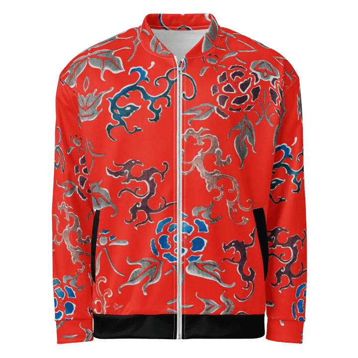 Red Oriental Floral Zip-Front Unisex Bomber Jacket product image (2)