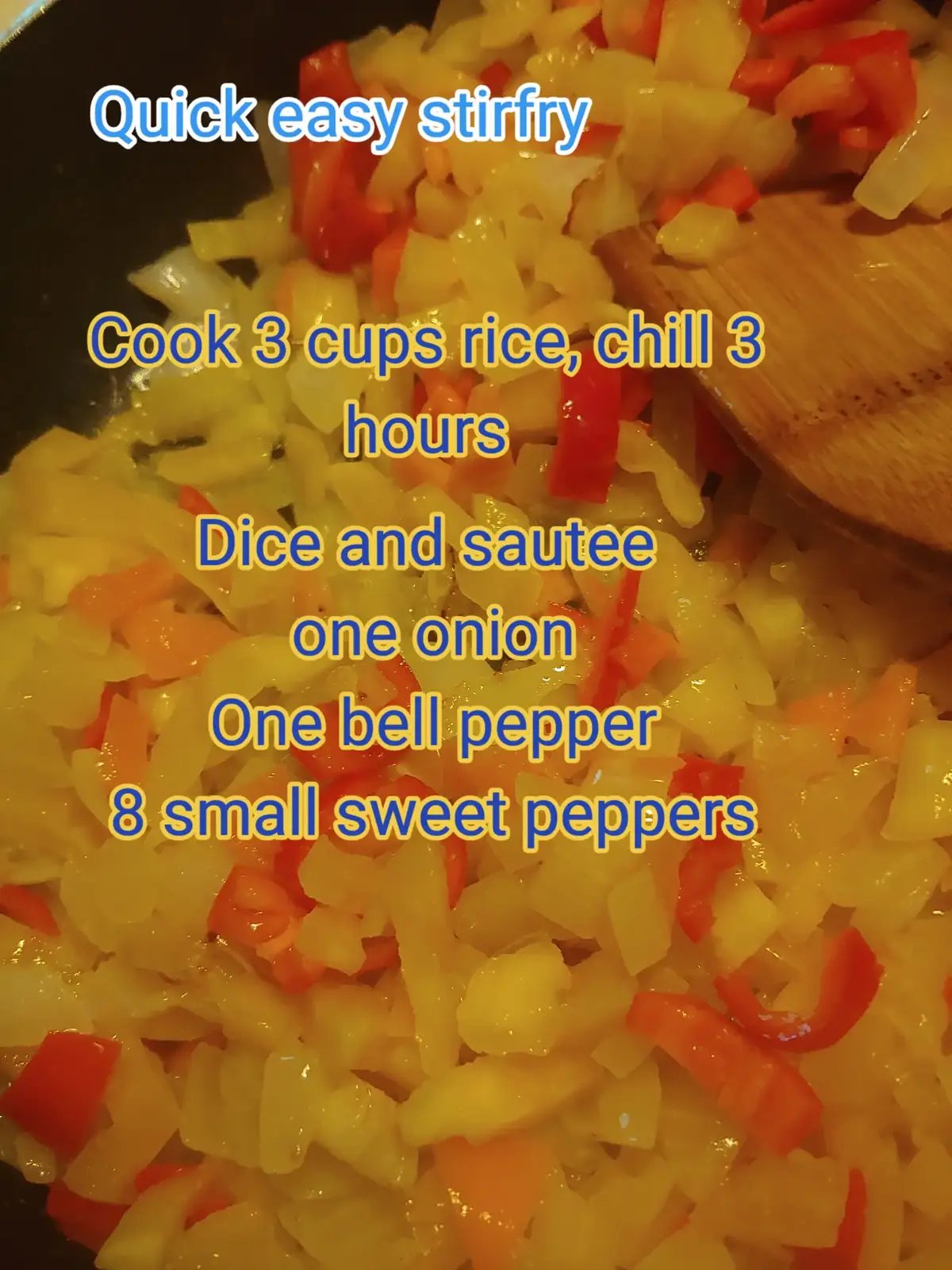 Cooked rice, 3 cups, chilled minumun 3 hours 5 sausages boiled until fully cooked, chopped to bite size 1 onion, diced 1 bell pepper, diced 8 sweet peppers, diced Seasonings used: Basil, Garlic powder, Ginger, Paprika, cayenne, turmeric, sea salt, yellow pepper Oil used: Canola and Sesame Sautee onion and bell pepper, like usual, on medium heat Add in rice and evenly coat with oil Add sausage Serve and enjoy It's it a traditional stirfry? Not one bit, but let me know what you'd change in the comments #stirfry #easyrecipe #delicious #bellpepper #homemade #food #sausage #onion 