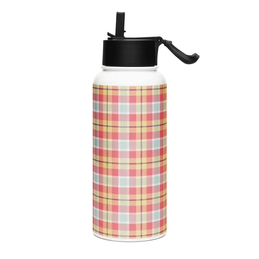 Coral Pink, Yellow, and Mint Plaid Water Bottle product image (2)