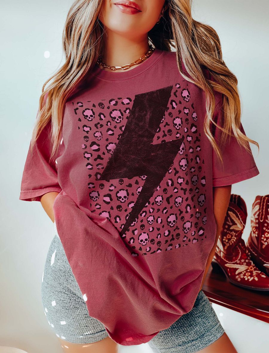 Lightning Bolt on a Leopard Print Pattern of Skulls(Pink) T-Shirt | Trendy Fall and Halloween Design product image (1)