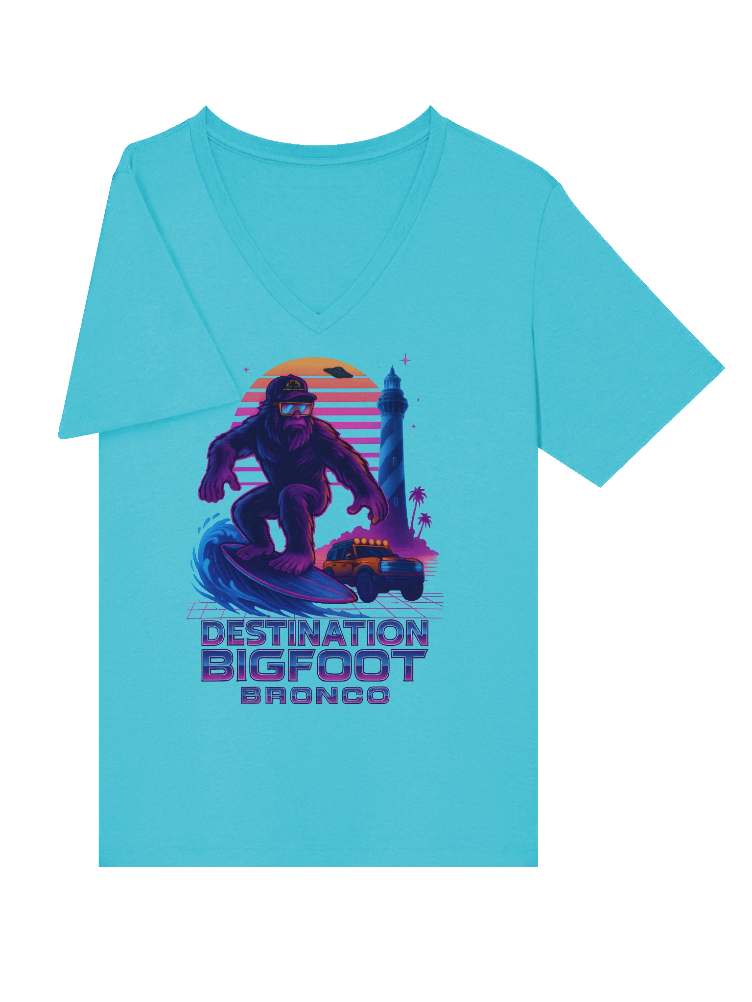 Destination Bigfoot Bronco Synthwave Bella+Canvas Women's Relaxed V-Neck T-Shirt (Multiple Colors Available) product image (71)
