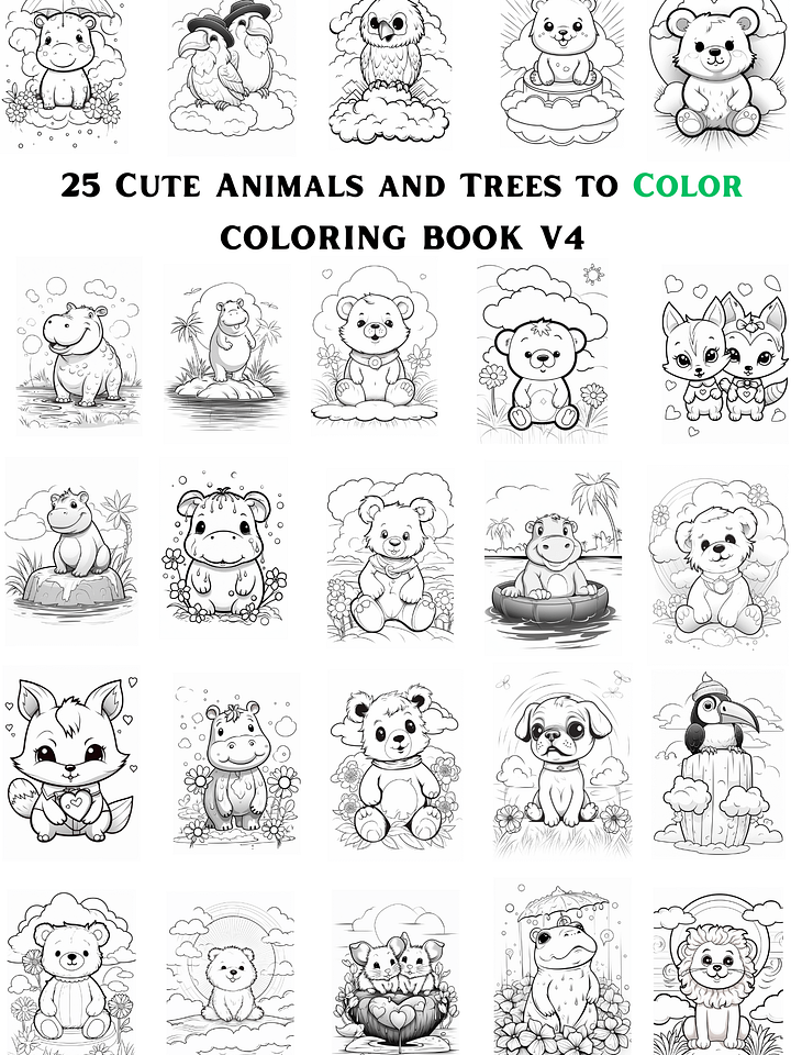 25 CUTE ANIMALS AND TREES TO COLOR 🎨 PRINTABLE ANIMALS COLORING BOOK V4🖍 product image (1)