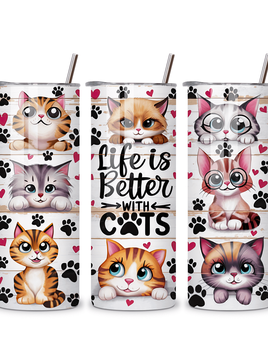 Life is Better with Cats 20oz Skinny Tumbler with Metal Straw – Cute Cat Design – Double-Walled Insulated Stainless Steel Tumbler for Hot & Cold Drinks, Gift for Cat Lovers product image (4)
