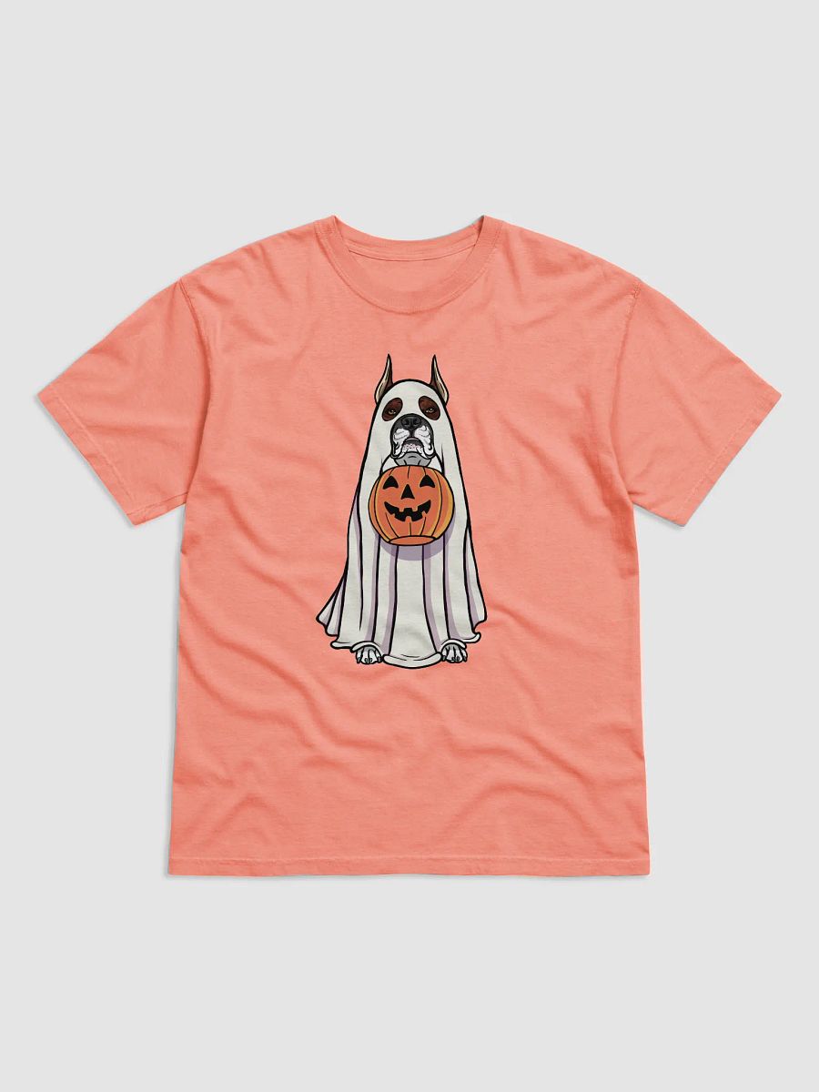 Funny Halloween Boxer Dog(Cropped Ears, Brindle) T-Shirt | Funny Boxer Wearing a Ghost Costume and Holding a Pumpkin Basket product image (23)