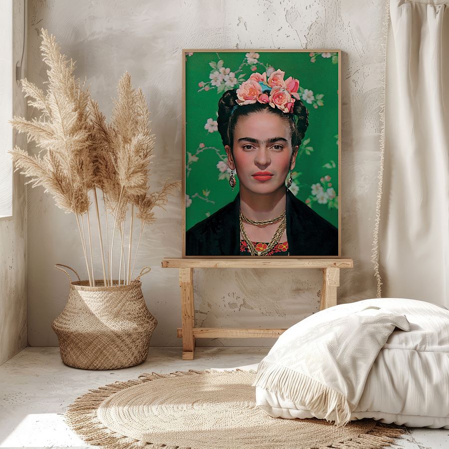 Frida Kahlo Portrait Photo in front of Green Floral Background product image (7)