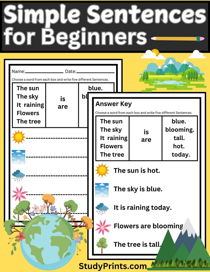Learning About Nature : Simple Sentences Worksheet for Beginners product image (1)