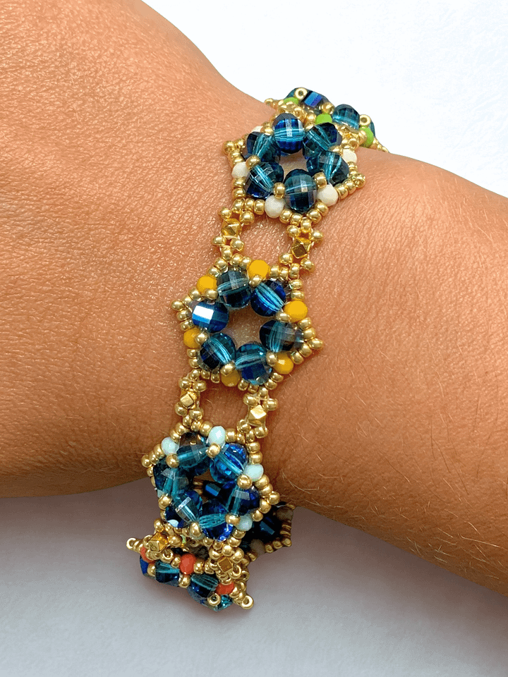 Hand-woven Teal, Gold, Multicolored Crystal Rondelle and Seed Bead Bracelet product image (2)
